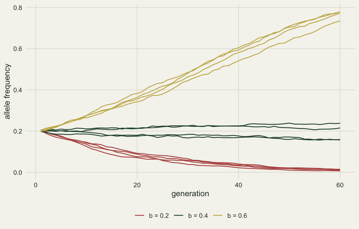 Twelve lines of allele frequency against generation, all starting at 0.2. Four red lines fall steadily towards zero. Four gold lines rise almost steadily to between about 0.73 and 0.78 at generation sixty. Four green lines at the threshold stay close to 0.2, wandering between about 0.15 and 0.25.