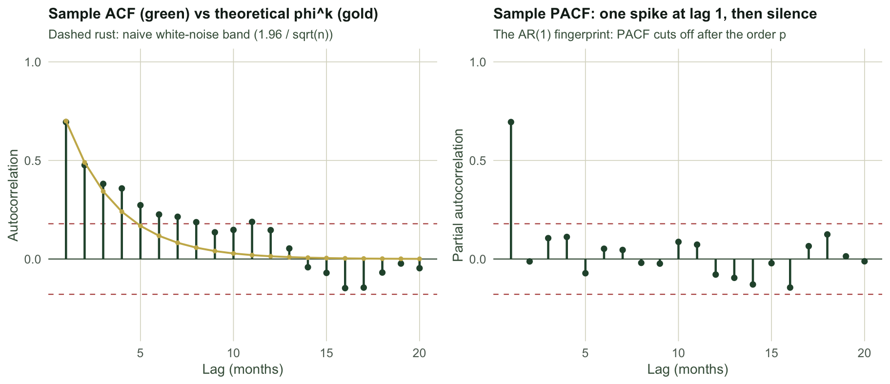 Two panels. Left: sample autocorrelation as green stems declining from about 0.7 towards zero, tracking a gold theoretical phi-to-the-k line, with dashed rust lines marking the naive white-noise band; the early lags sit well above the band. Right: partial autocorrelation as green stems with a single tall spike at lag 1 near 0.7 and all later lags close to zero within the band.