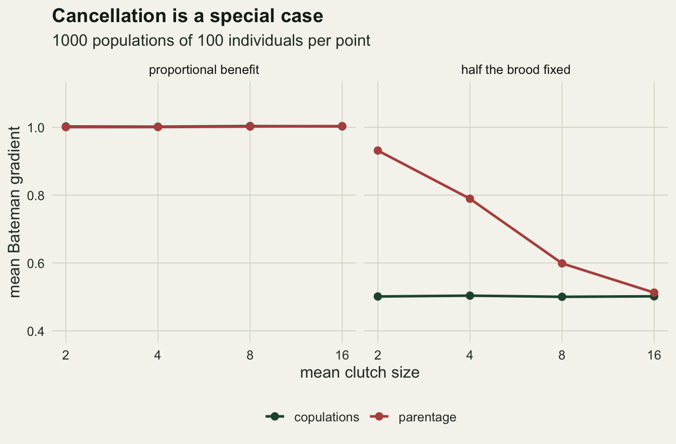 Two line panels on warm off-white paper with mean clutch size 2, 4, 8 and 16 on a doubling axis and mean Bateman gradient on the vertical axis. In the left panel, proportional benefit, a dark green copulation line and a rust parentage line lie on top of each other at 1 across all clutch sizes. In the right panel, half the brood fixed, the dark green copulation line is flat at 0.5 while the rust parentage line starts at about 0.93 at clutch 2, falls through about 0.79 and 0.6, and nearly meets the green line at clutch 16.