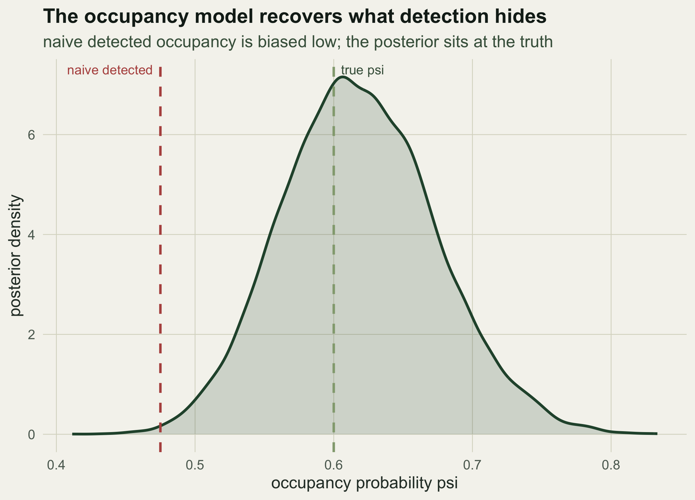 A single posterior density curve for occupancy probability, peaking near 0.62. A red dashed vertical line at about 0.48 sits to the left of the curve, and a green dashed line at 0.60 sits under the curve.