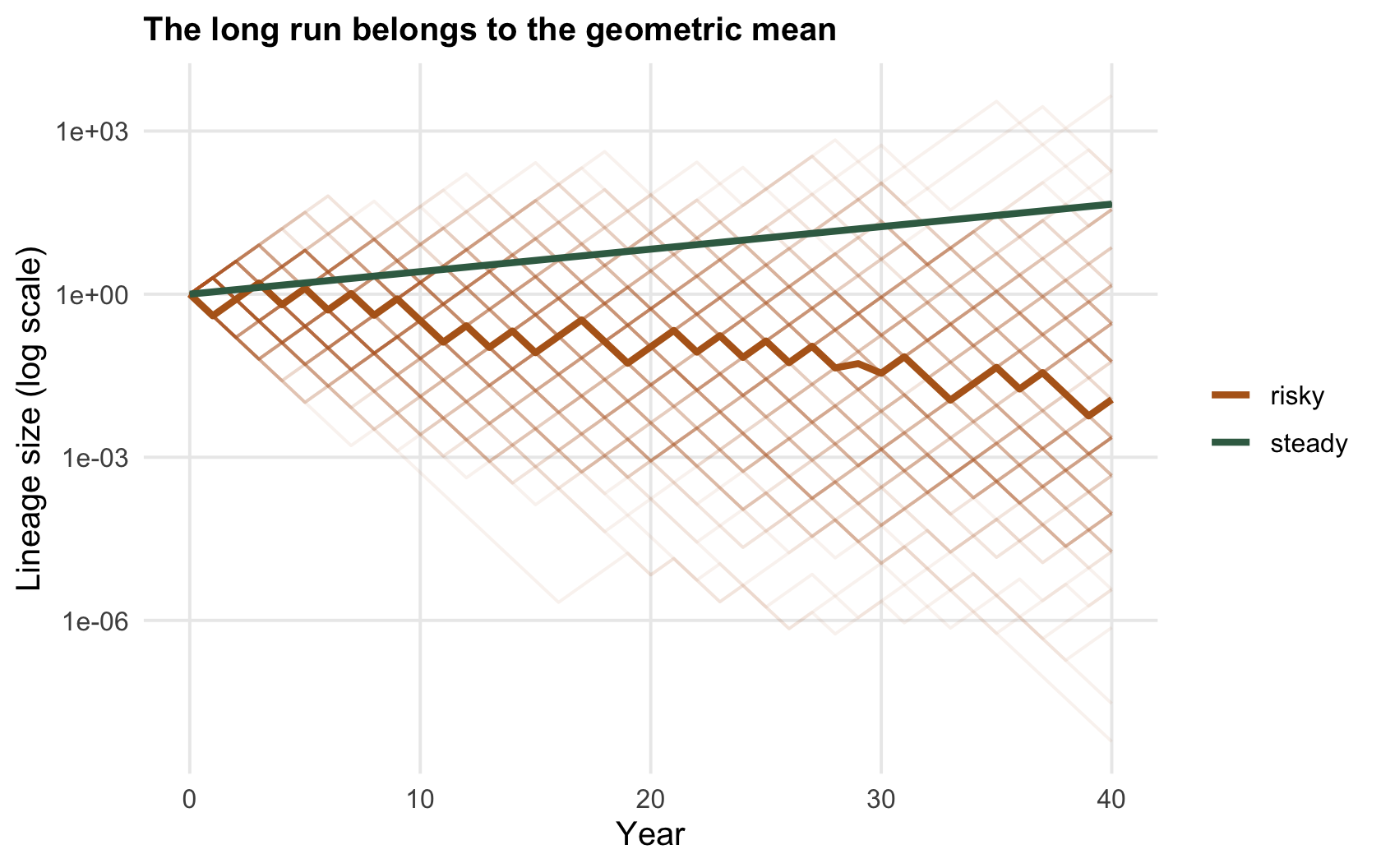 Many faint trajectories on a log scale; green steady lineages rise in a tight band while ochre risky lineages spread widely, most declining below the start.