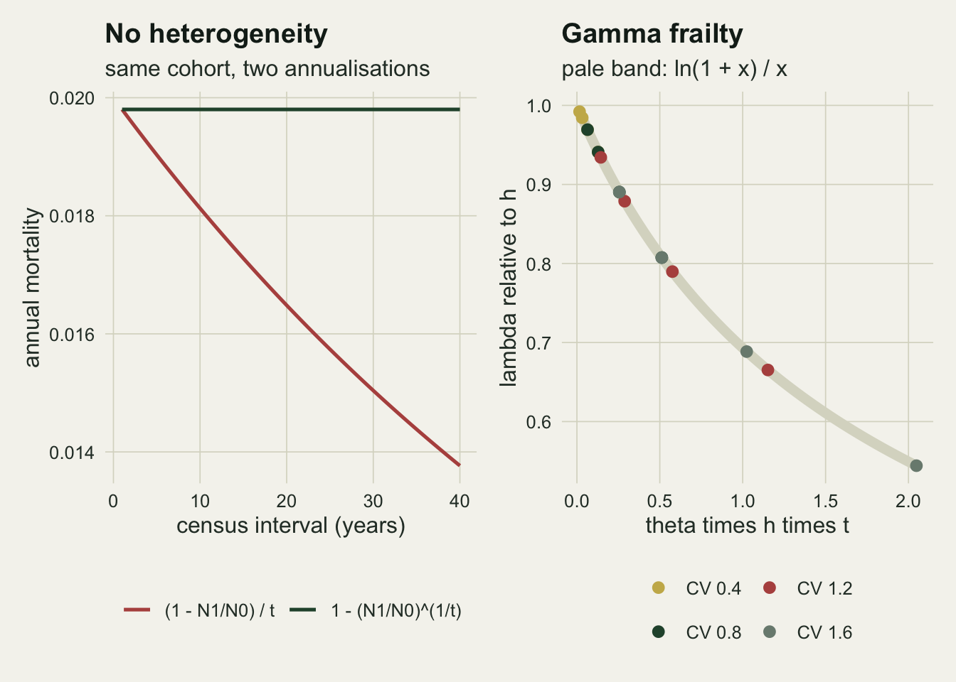 Two panels on warm off-white paper. The left panel plots annual mortality against census interval from one to forty years for a cohort of identical trees: a dark green line for the compound formula stays flat at just under 0.020, while a red line for the proportion dead per year falls steadily from the same starting point to below 0.014 at forty years. The right panel plots the logarithmic rate relative to the baseline hazard against theta times h times t, from zero to about two: a wide pale band falls from one to about 0.55, and coloured points for four frailty spreads, gold, green, red and grey, all sit on the band, with the red and grey points interleaved and some points of different colours coinciding.