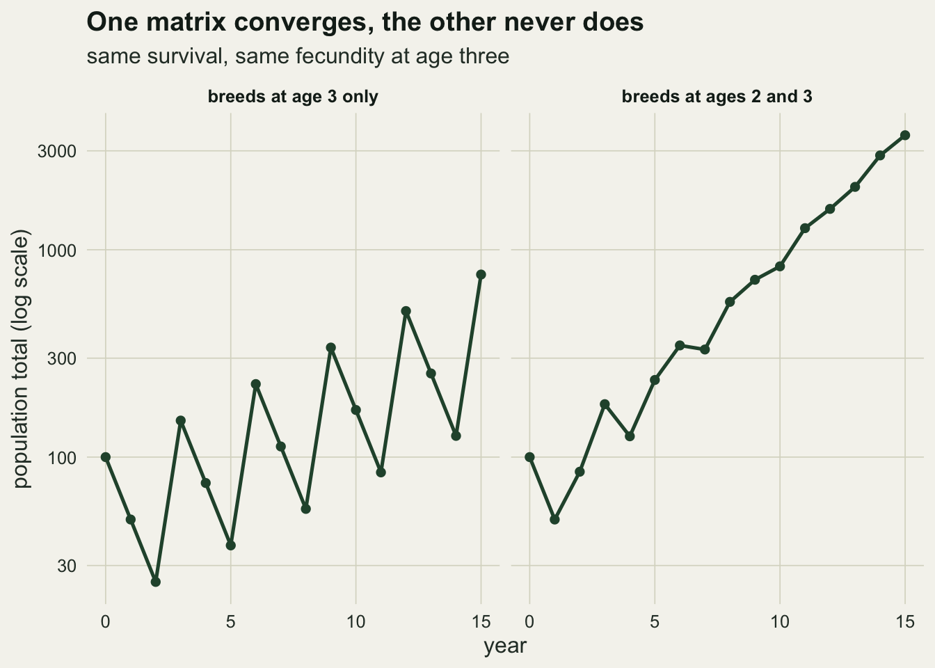 Two line panels on a logarithmic vertical axis. The left panel shows population total from an imprimitive matrix rising in a three year saw-tooth whose amplitude never shrinks. The right panel shows the same matrix with reproduction added at age two, where the same wobble appears at first and fades towards a straight line by the end of the fifteen years.
