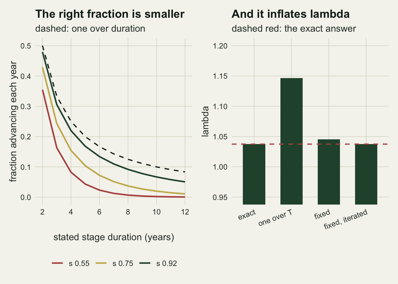 Two panels. The left panel plots the advancement fraction against stage duration for three annual survival values as solid curves, all falling below a dashed line showing one over duration, with the gap widening as duration grows and as survival falls. The right panel is a bar chart of lambda for four constructions, where the one over T bar stands well above a dashed line at the exact value and the two fixed duration bars sit level with it.