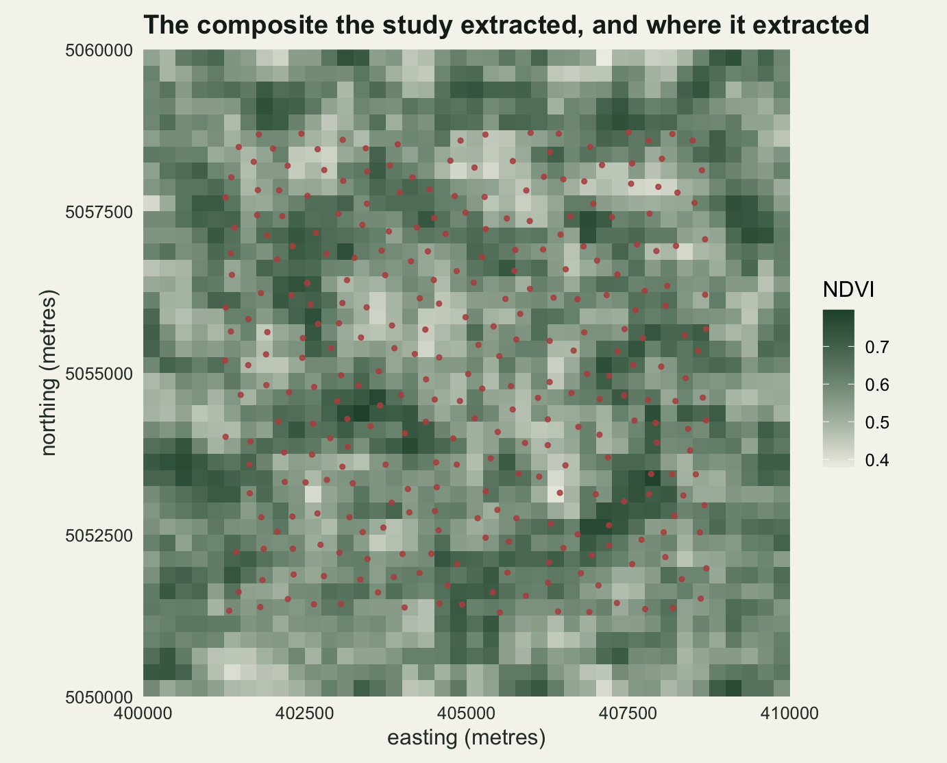 A square map on warm off-white paper, forty cells by forty cells, filled in shades from pale cream to dark green. Neighbouring cells often differ sharply, so the map reads as a fine mosaic rather than as smooth blobs, with looser dark clusters two or three cells across and pale patches of similar size scattered among them. Three hundred small red-brown dots are spread fairly evenly over the middle of the square, stopping about five cells short of each edge.
