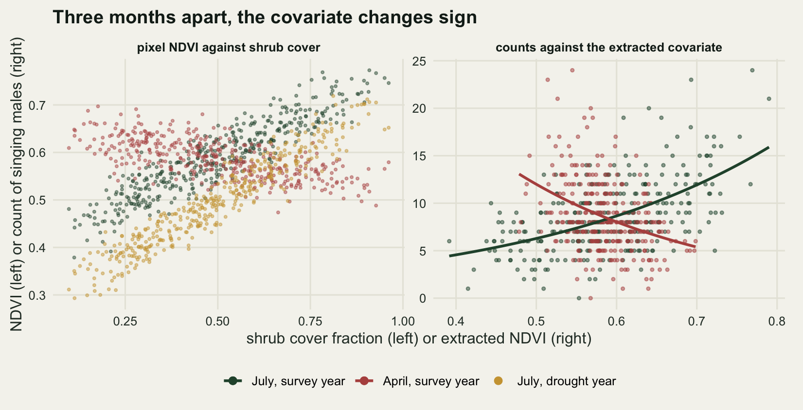 Two panels on warm off-white paper. The left panel plots NDVI on the vertical axis against shrub cover fraction from zero to one on the horizontal, with three straight bands of scattered points. A dark green band labelled July rises from about four tenths to about eight tenths; a gold band labelled drought year rises more steeply from about a quarter to about seven tenths and crosses the green band near the right; a red-brown band labelled April slopes gently downwards from about two thirds to about half. The right panel plots counts from zero to about twenty-five against extracted NDVI, with dark green points spread over the range four tenths to eight tenths and a rising green curve through them, and red-brown points confined to the narrower range one half to two thirds with a clearly falling red-brown curve through them.