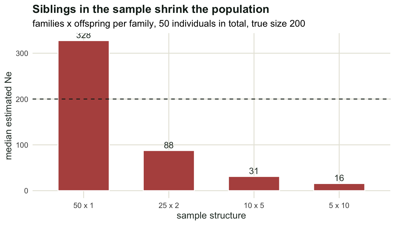 Bars falling steeply from 327 for fifty unrelated individuals to 16 for five families of ten, with a dashed line marking the true size of 200.