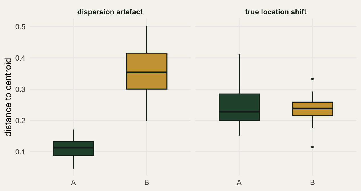 Boxplots of distance to centroid by group across two panels. Left panel: group B box far higher than group A. Right panel: the two boxes overlap.
