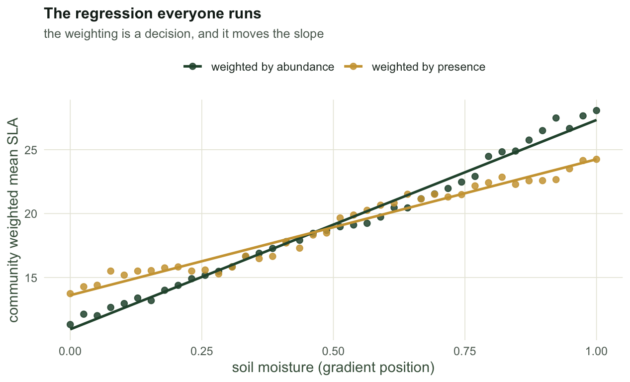 Scatter plot with moisture on the x axis and community weighted mean SLA on the y axis. Two sets of points with fitted lines both rise from left to right; the abundance weighted line is steeper than the presence weighted line.