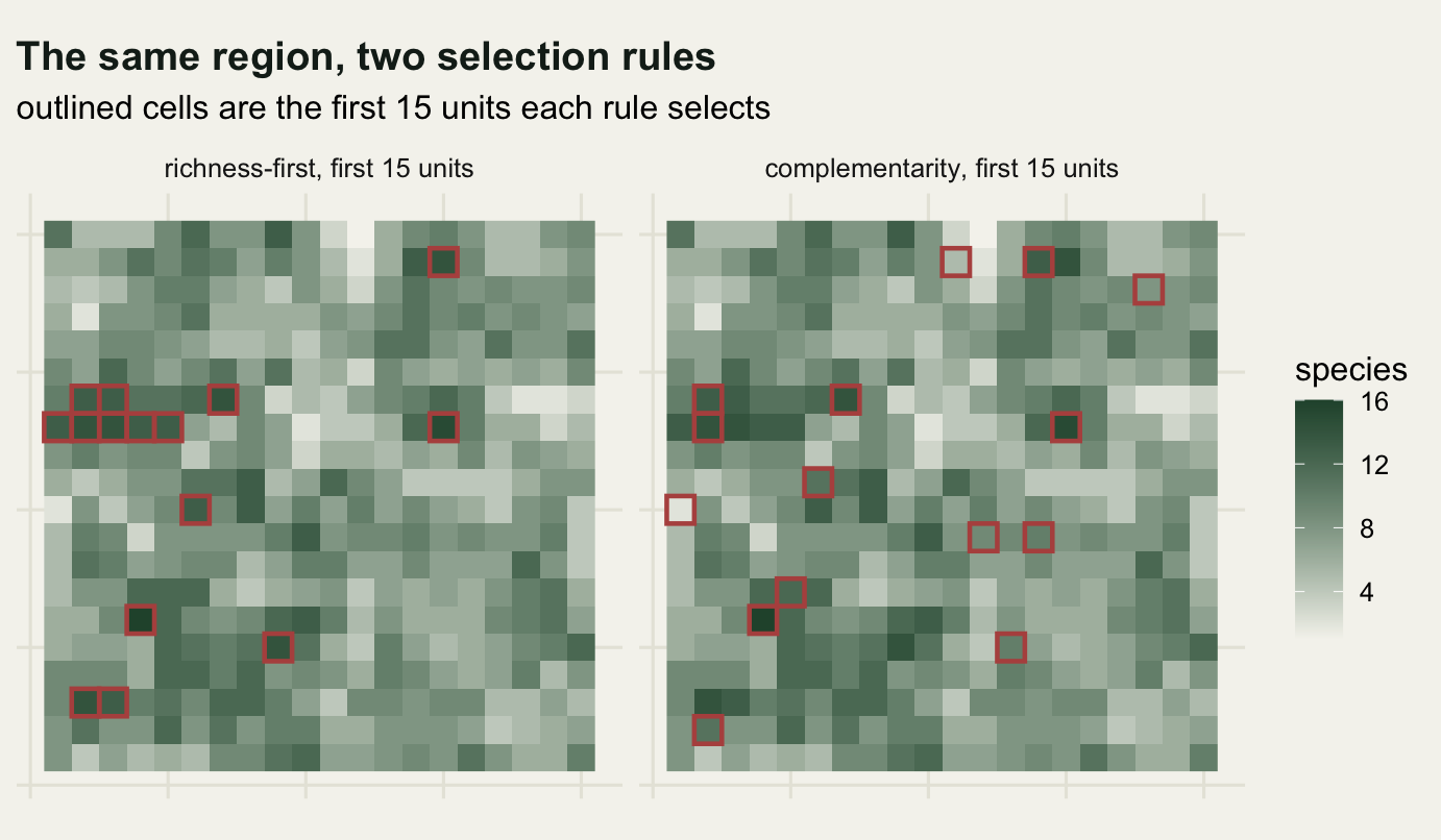 Two identical green maps of a square region; on the left the outlined picks are clumped, several of them immediately adjacent to each other, and on the right they are spread across the whole region and include pale low richness cells.