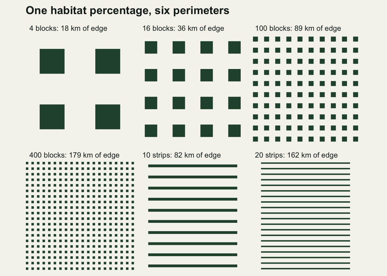 Six square map panels on warm off-white paper, arranged three across and two down. Each panel shows dark green habitat on a pale background covering a fifth of the square, cut up differently in each: four large squares in the first panel, sixteen medium squares in the second, a hundred small squares in the third, four hundred tiny squares in the fourth, then ten horizontal bars and twenty thinner horizontal bars in the last two. The habitat gets visibly finer from panel to panel while the total amount of green stays the same.