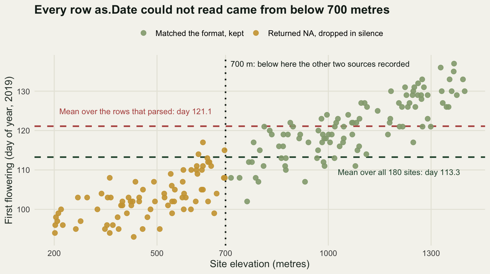 A scatter plot with site elevation in metres on the horizontal axis and flowering day of year on the vertical axis. Points rise steadily from left to right. A dotted vertical line stands at 700 metres, labelled as the handover boundary. Every point to its left is gold, marking a row that failed to parse, and every point to its right is sage. Two horizontal dashed lines are drawn, the lower one labelled as the mean over all sites and the upper one, about eight days higher, as the mean over the rows that parsed.