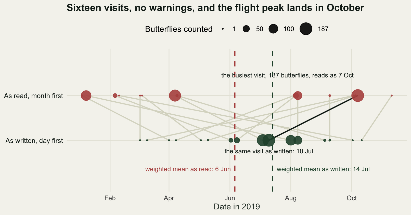 Two horizontal rows of points on a shared date axis running from January to December 2019. The lower row, the dates as written with the day first, is a tight cluster between March and October with the four largest points bunched together in July and August. The upper row, the same dates as read with the month first, is spread across the whole year, with large points landing in January, April, August and October. Grey segments connect matching visits and cross each other repeatedly. One dark segment runs from the largest point of the lower row, labelled as the busiest visit walked on 10 July, up to the largest point of the upper row, labelled as the same visit read as 7 October. Two labelled vertical dashed lines mark the abundance-weighted mean dates, one in early June and one in mid July.