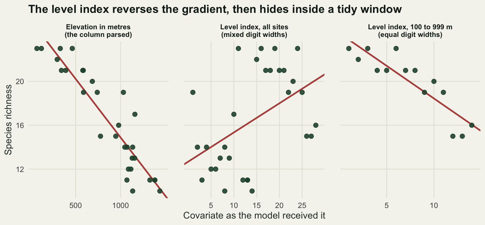 Three scatter panels of species richness against a covariate, each with a fitted straight line. The left panel, elevation in metres, has points falling clearly from left to right. The middle panel, the level index over all sites, has a scattered cloud with a line rising gently from left to right. The right panel, the level index over the equal width window, falls from left to right and looks as tidy as the left panel.