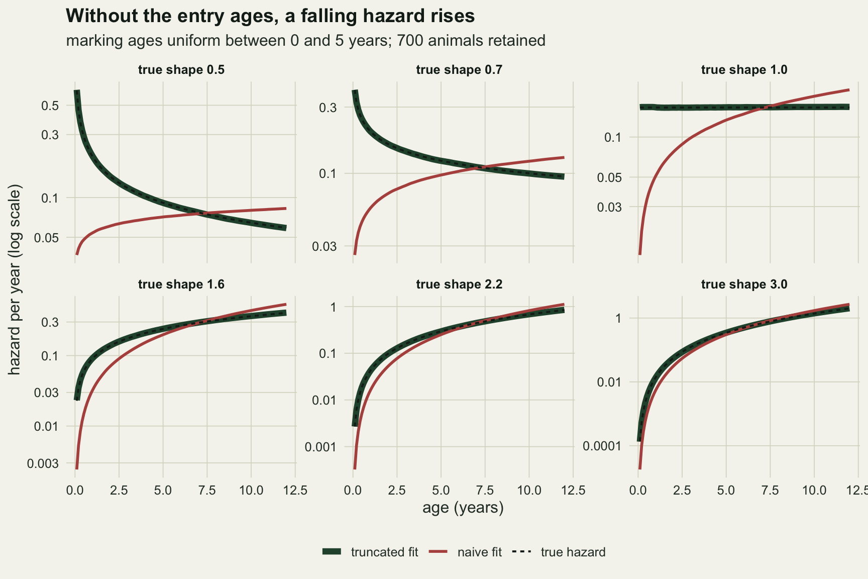 Six panels on warm off-white paper, one per true Weibull shape of 0.5, 0.7, 1.0, 1.6, 2.2 and 3.0, each plotting hazard per year on a log scale against age from 0 to 12 years. In every panel a thick dark green line for the truncated fit lies under a thin black dashed line for the true hazard. In the panels for shapes 0.5 and 0.7 the true hazard falls steeply from the youngest ages while a thinner red line for the naive fit rises, crossing it near age 7. For shape 1.0 the true hazard is flat near 0.17 and the red line climbs from below 0.03 to above it. For shapes 1.6, 2.2 and 3.0 all lines rise, with the red line starting lower and ending slightly higher than the truth, and the gap narrows as the shape grows.