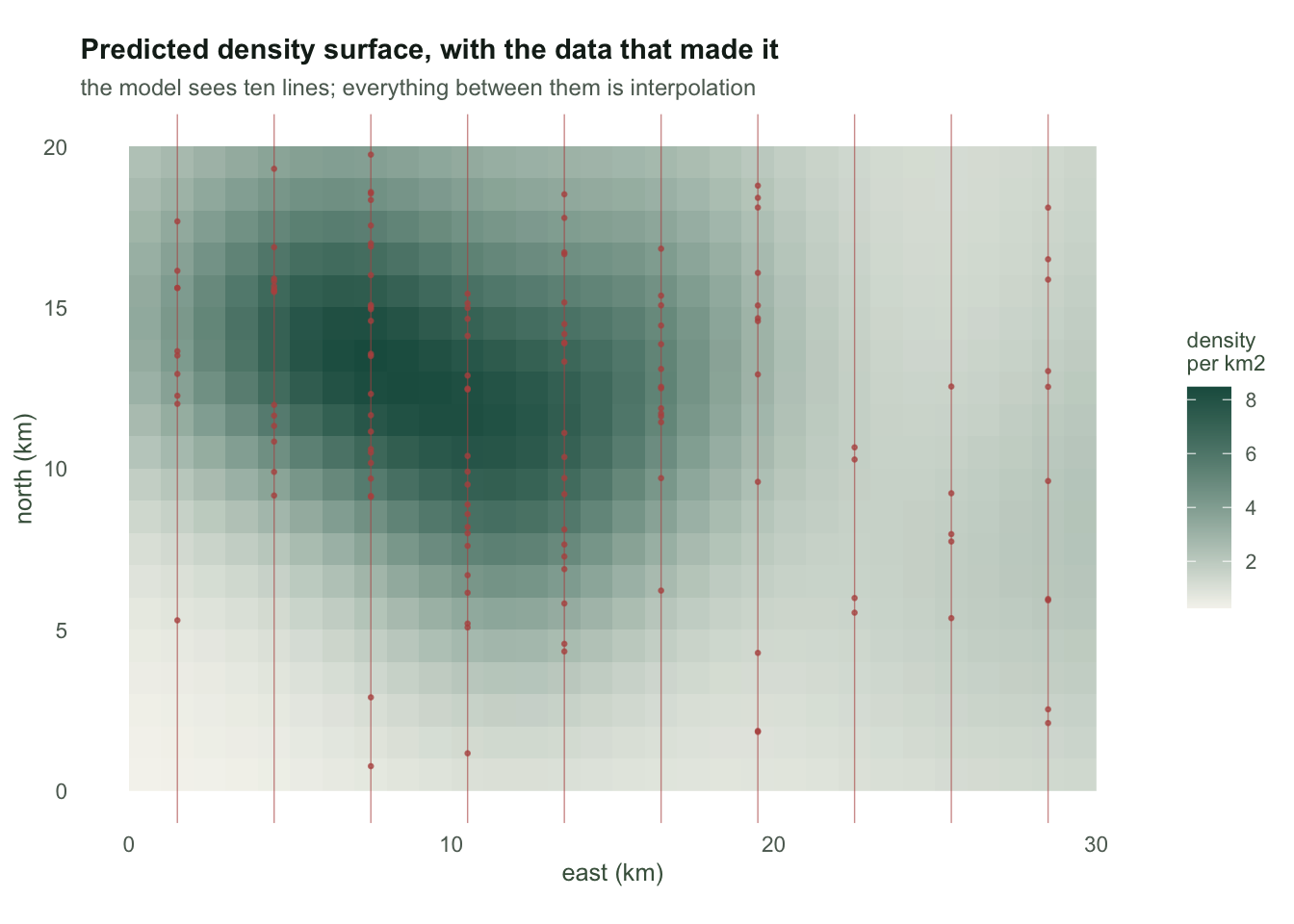 Heatmap of predicted density across a thirty by twenty kilometre region, in a pale to dark green gradient with a broad high-density region in the left centre. Ten vertical transect lines are drawn in rust, with detection points scattered along them, densest where the surface is darkest.