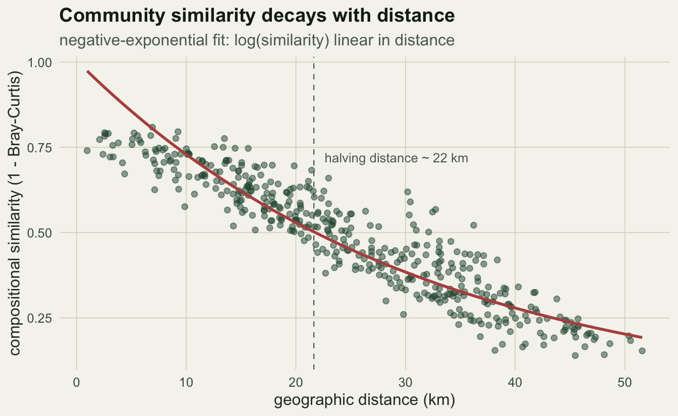 Scatter plot of similarity versus distance. Points fall from about 0.8 near zero distance to about 0.2 at 50 km, and a red curve traces a smooth negative-exponential decline. A dashed vertical line marks a halving distance near 22 km.