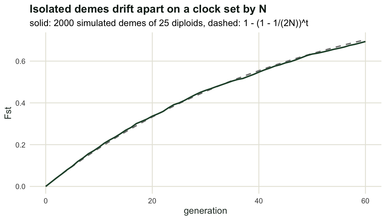 Simulated Fst rises from zero to about 0.69 over 60 generations, lying almost exactly on a dashed prediction curve.