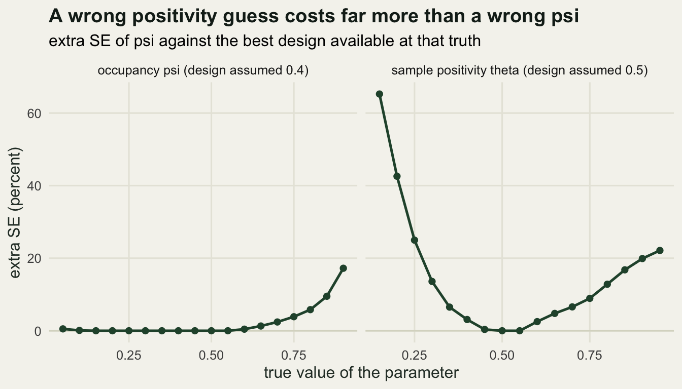 Two panels of extra error against the true parameter; the occupancy panel stays near zero until a small rise at its right end, while the positivity panel is a deep V whose left arm climbs past sixty percent.