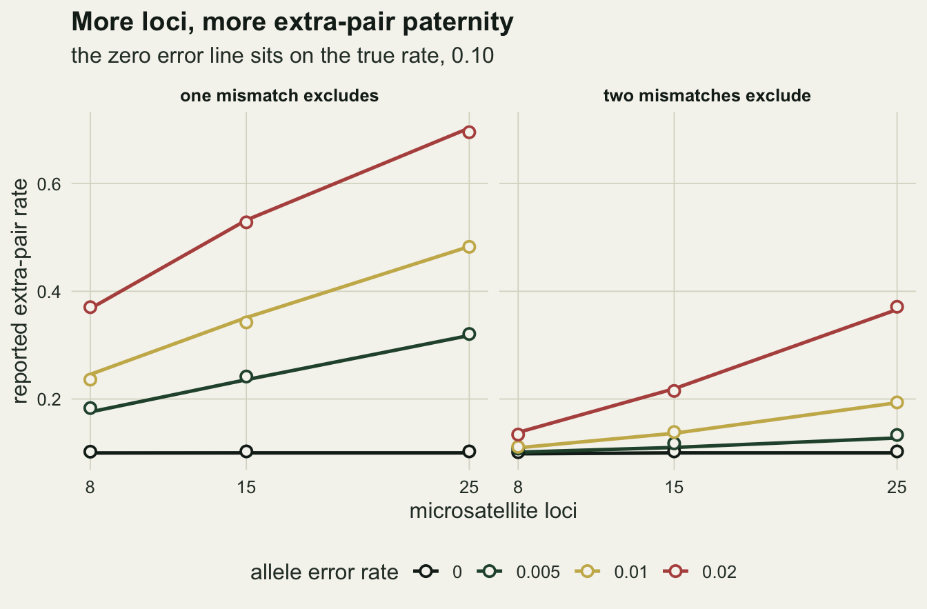 Two side-by-side panels on warm off-white paper, one for the one mismatch rule and one for the two mismatch rule, with microsatellite loci at 8, 15 and 25 on the horizontal axis and the reported extra-pair rate on the vertical axis. Each panel has four coloured lines with open circles for allele error rates of 0, 0.005, 0.01 and 0.02. The zero error line lies flat at one tenth in both panels. In the one mismatch panel the other lines climb steeply, the red 0.02 line from under four tenths to seven tenths. In the two mismatch panel the lines start near one tenth and fan out, the red line reaching under four tenths at 25 loci. The circles sit on the lines.