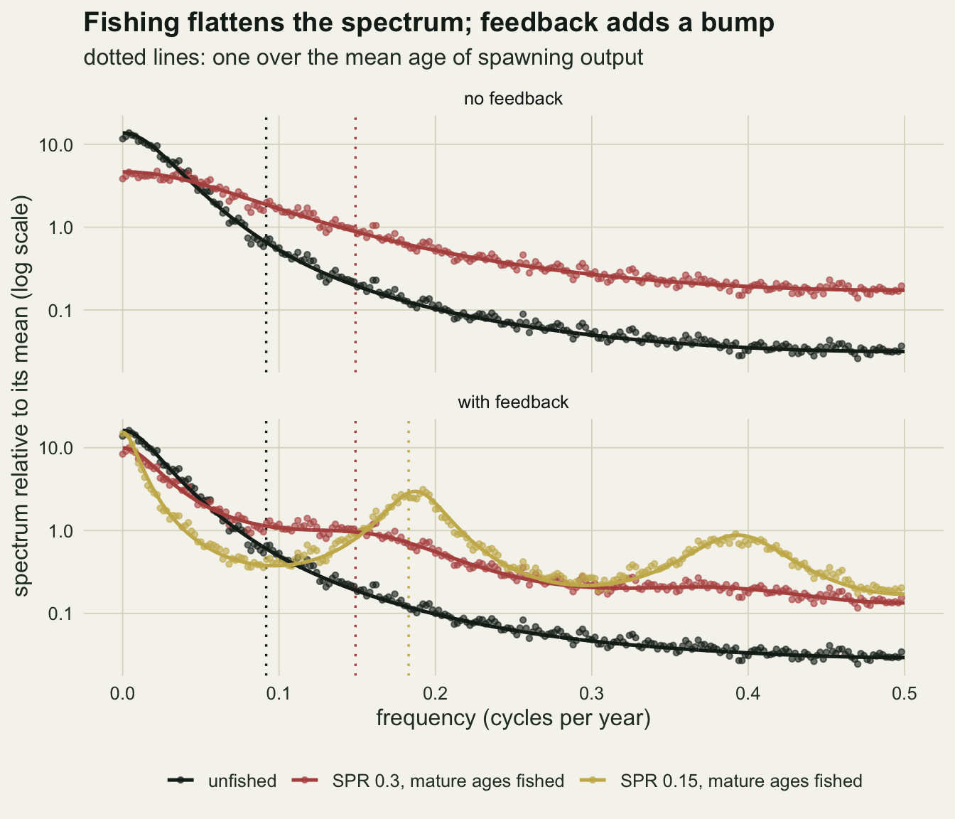 Two stacked log-scale spectrum panels against frequency from zero to one half cycle per year, no feedback on top and with feedback below, with dotted vertical lines at about 0.09, 0.15 and 0.18 marking one over the mean age of spawning output. On top, a near-black unfished curve starts near 13 and falls steadily to about 0.03 at one half, and a rust curve for SPR 0.3 starts near 4.5, crosses above it near 0.04 and ends near 0.17; neither has a bump. Below, the unfished and SPR 0.3 curves look much the same, while a gold curve for SPR 0.15 falls from about 14 to a trough near 0.4 around 0.1, rises to a bump near 3 at about 0.19, dips to about 0.2 near 0.3 and has a smaller bump near 0.9 at about 0.39. Periodogram points follow every curve closely.