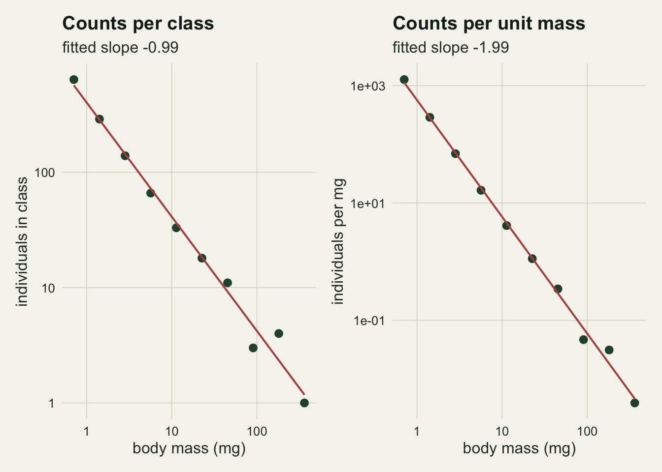 Two log-log scatter panels side by side. The left panel plots raw counts per doubling class against class midpoint with a fitted line of slope near minus one. The right panel plots counts divided by class width against the same midpoints, with a visibly steeper fitted line of slope near minus two.