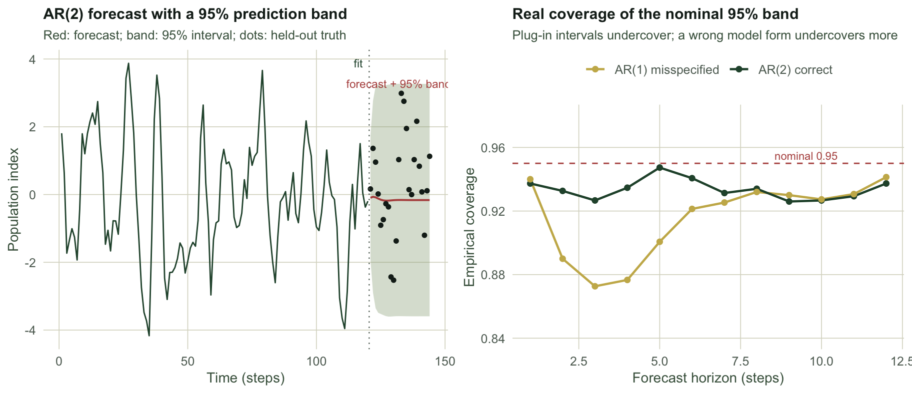 Two panels. Left: a green line of 120 fitted population-index values, then a red forecast line continuing 24 steps with a shaded sage 95% band that widens and stabilises; black dots for the held-out truth lie inside the band. Right: two coverage curves against forecast horizon with a dashed nominal 0.95 line; the green AR(2)-correct curve hovers near 0.93 to 0.94, while the gold AR(1)-misspecified curve dips to about 0.87 near horizon three before recovering.