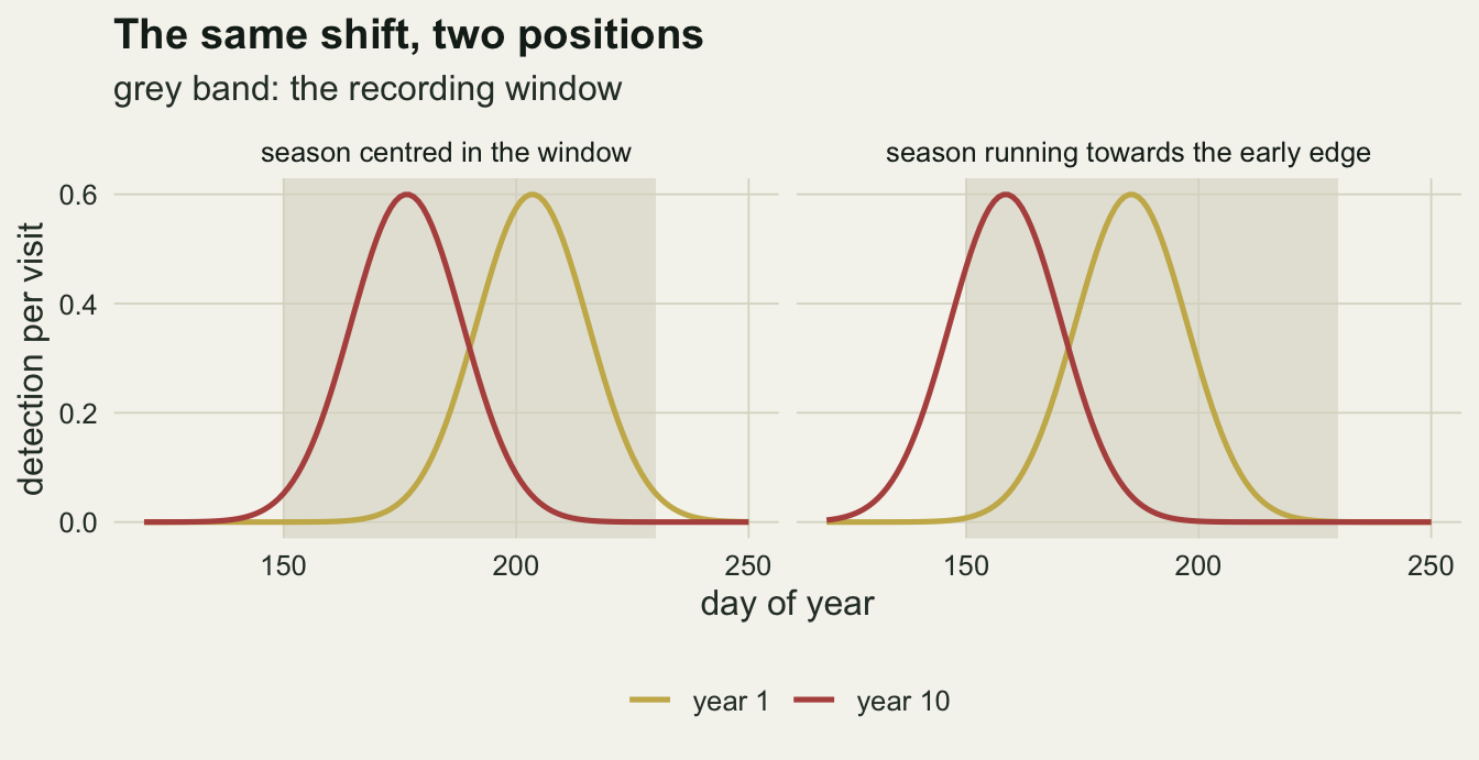 A line chart on warm off-white paper with two facets, season centred in the window and season running towards the early edge, each with a grey band from day 150 to day 230 and two bell curves of height 0.6, a gold year 1 curve and a red year 10 curve. In the centred facet the gold curve peaks near day 204 and the red near day 176, both well inside the band. In the edge facet the gold curve peaks near day 186 and the red near day 158, with its left flank cut by the start of the band.