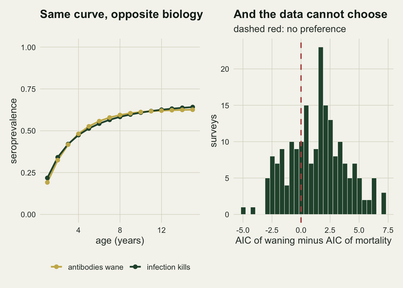 Two panels. The left panel plots two nearly overlapping curves of prevalence against age, one for extra mortality of the infected and one for antibody waning, rising to a plateau just above sixty per cent. The right panel is a histogram of the AIC difference between the two models across two hundred simulated surveys, centred just above zero with a substantial part of its mass below zero.