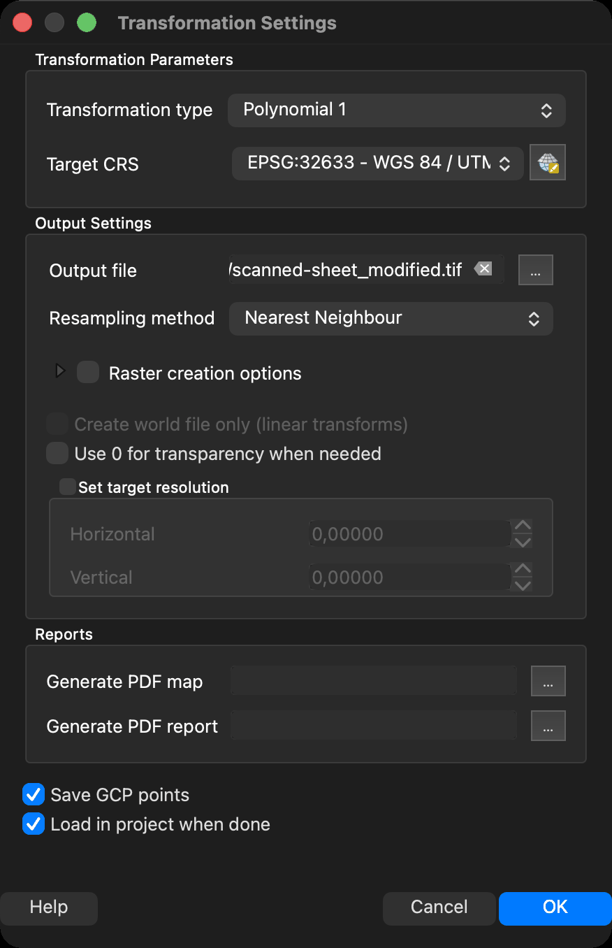 Screenshot of the QGIS Transformation Settings dialog in the dark theme. Under Transformation Parameters the transformation type reads Polynomial 1 and the target CRS reads EPSG:32633 WGS 84 / UTM. Under Output Settings the output file name ends in scanned-sheet_modified.tif and the resampling method reads Nearest Neighbour, with the raster creation options collapsed and the target resolution fields greyed out. A Reports section offers a PDF map and a PDF report, both left empty. At the bottom the Save GCP points and Load in project when done boxes are both ticked.