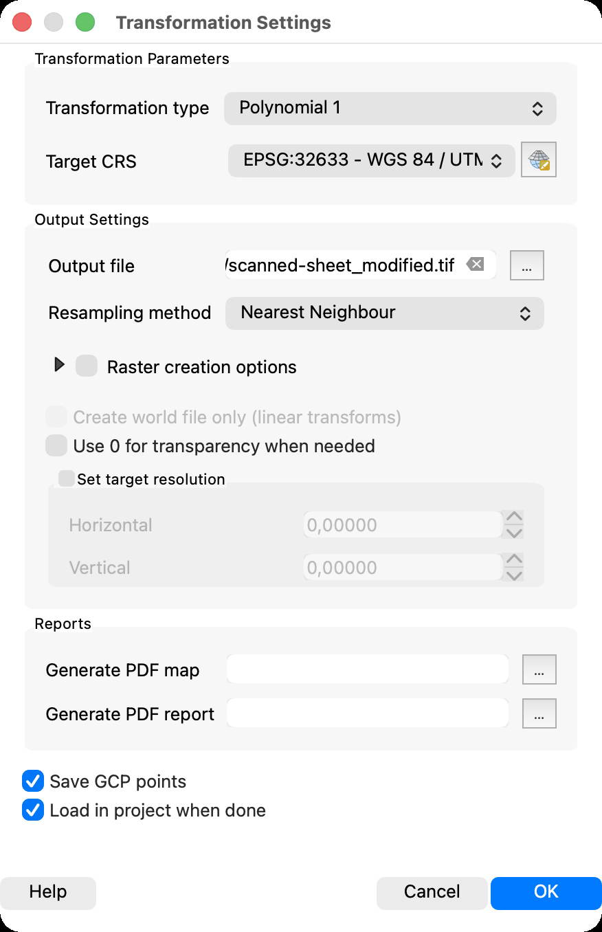 Screenshot of the QGIS Transformation Settings dialog in the light theme. Under Transformation Parameters the transformation type reads Polynomial 1 and the target CRS reads EPSG:32633 WGS 84 / UTM. Under Output Settings the output file name ends in scanned-sheet_modified.tif and the resampling method reads Nearest Neighbour, with the raster creation options collapsed and the target resolution fields greyed out. A Reports section offers a PDF map and a PDF report, both left empty. At the bottom the Save GCP points and Load in project when done boxes are both ticked.