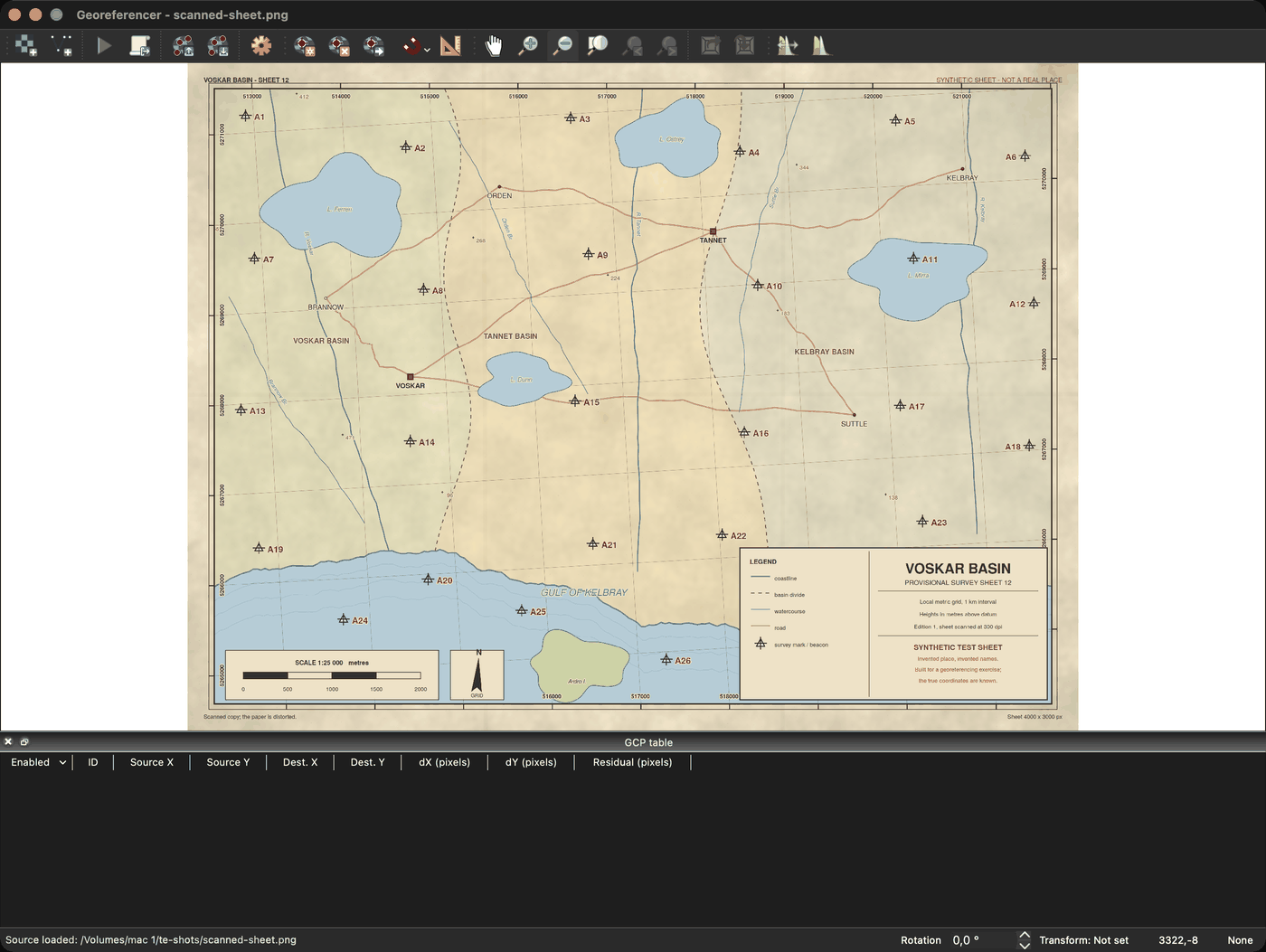 Screenshot of the QGIS Georeferencer window in the dark theme, its title bar naming the file scanned-sheet.png. The scanned survey sheet fills the canvas: an aged paper map with lakes, watercourses, roads, dashed basin divides, a legend and title block in the lower right, and survey marks labelled A1 to A26 spread over the sheet and legible at this zoom. The toolbar along the top carries the open raster, start georeferencing, transformation settings, add point and delete point buttons. The GCP table pane below is empty, its column headers reading Enabled, ID, Source X, Source Y, Dest. X, Dest. Y, dX in pixels, dY in pixels and Residual in pixels, and the status bar reads Transform: Not set.