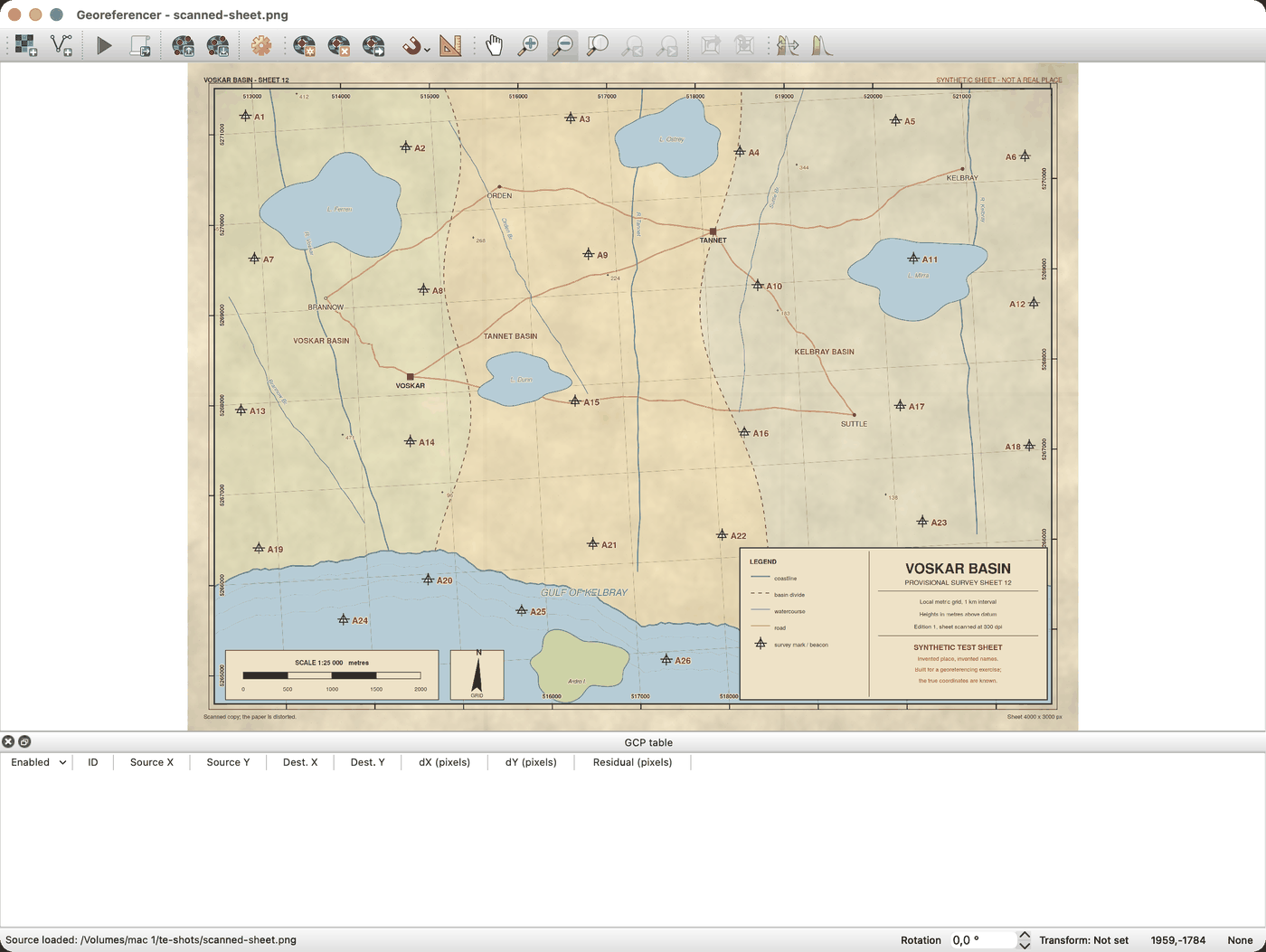 Screenshot of the QGIS Georeferencer window in the light theme, its title bar naming the file scanned-sheet.png. The scanned survey sheet fills the canvas: an aged paper map with lakes, watercourses, roads, dashed basin divides, a legend and title block in the lower right, and survey marks labelled A1 to A26 spread over the sheet and legible at this zoom. The toolbar along the top carries the open raster, start georeferencing, transformation settings, add point and delete point buttons. The GCP table pane below is empty, its column headers reading Enabled, ID, Source X, Source Y, Dest. X, Dest. Y, dX in pixels, dY in pixels and Residual in pixels, and the status bar reads Transform: Not set.