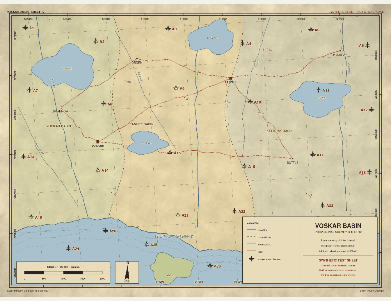 A map sheet on aged paper. Blue lakes and a bay along the bottom, blue watercourses, rust coloured roads joining six settlements, dashed basin divides, and 26 small triangle and cross survey marks labelled A1 to A26 spread over the sheet. A legend and a title block sit in the lower right, a scale bar and a north arrow along the bottom left. A faint kilometre grid runs across the sheet and is slightly curved.