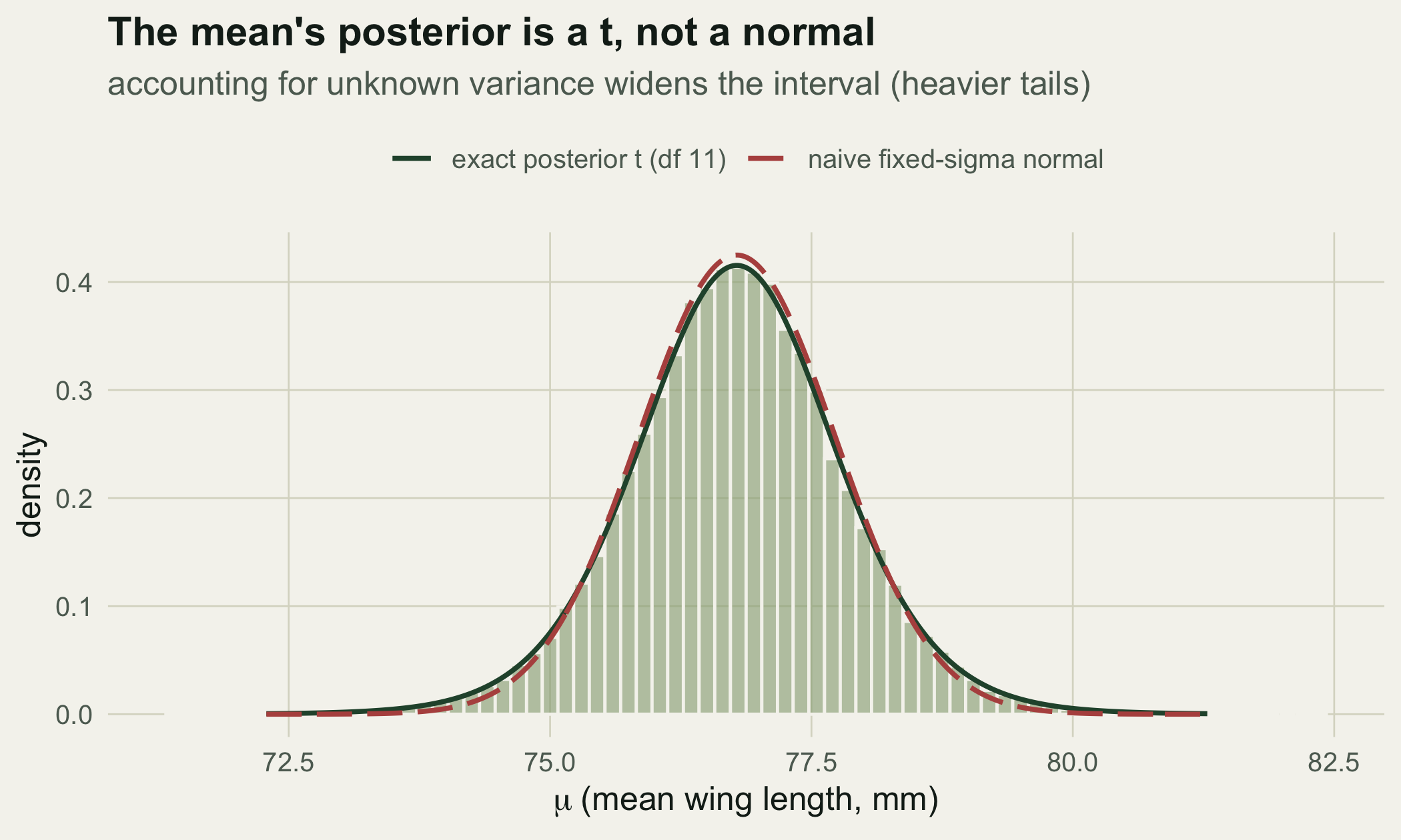 A histogram of mean draws overlaid with a solid forest t curve and a dashed red normal curve that is slightly taller and narrower.
