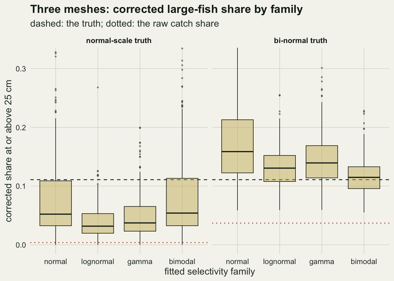 Two side-by-side box-plot panels on warm off-white paper. The vertical axis is the corrected share of fish at or above 25 cm, running from zero to a cut at 0.32, above which a small percentage of replicates lies out of view in both panels; the horizontal axis lists four fitted families: normal, lognormal, gamma, bimodal. A dashed horizontal line near 0.11 marks the truth in both panels and a rust dotted line marks the raw catch share, near zero in the left panel and near 0.035 in the right. In the left panel, headed normal-scale truth, all four medians sit near 0.03 to 0.05, well below the dashed line; the normal and bimodal boxes are much taller than the lognormal and gamma boxes and their upper edges just reach the dashed line. In the right panel, headed bi-normal truth, every box sits higher: the bimodal median is on the dashed line, and the lognormal, gamma and normal medians rise above it in that order.