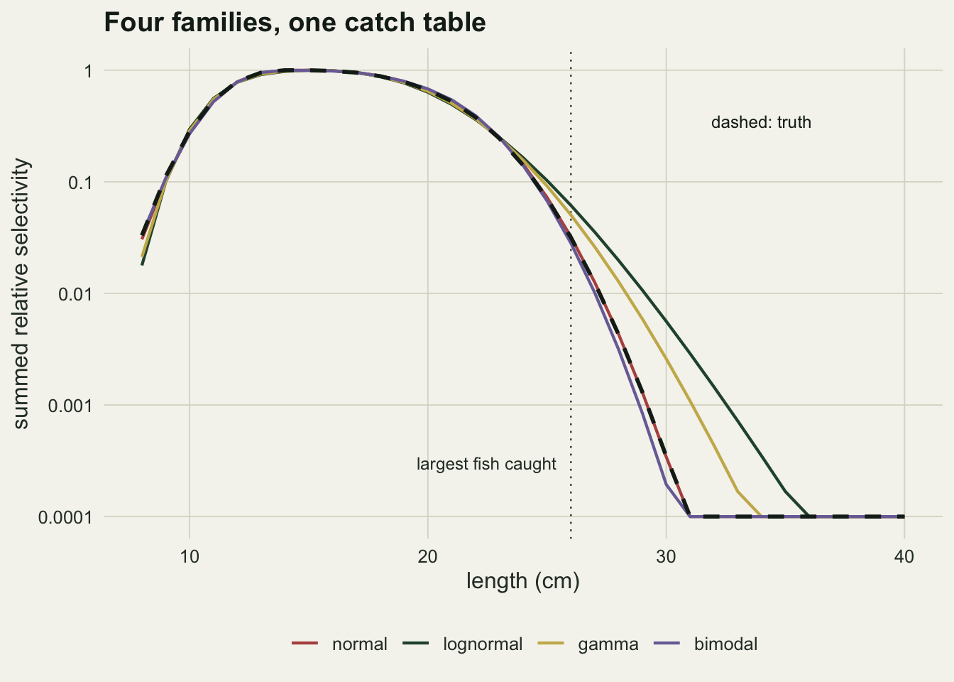 A log-scale line chart on warm off-white paper, with fish length from 8 to 40 cm on the horizontal axis and summed relative selectivity from a ten-thousandth to one on the vertical. Five curves rise together to a flat peak near 15 cm and lie almost on top of one another out to about 25 cm, where a dotted vertical line labelled largest fish caught stands at 26 cm. Beyond that line they fan apart over two orders of magnitude. A thick dark dashed line for the truth falls steeply and is followed closely by a rust normal curve and a purple bimodal curve, all three reaching the floor of the panel near 31 cm. A dark green lognormal curve and a gold gamma curve fall much more slowly and stay above them, the lognormal by more than an order of magnitude at 30 cm.