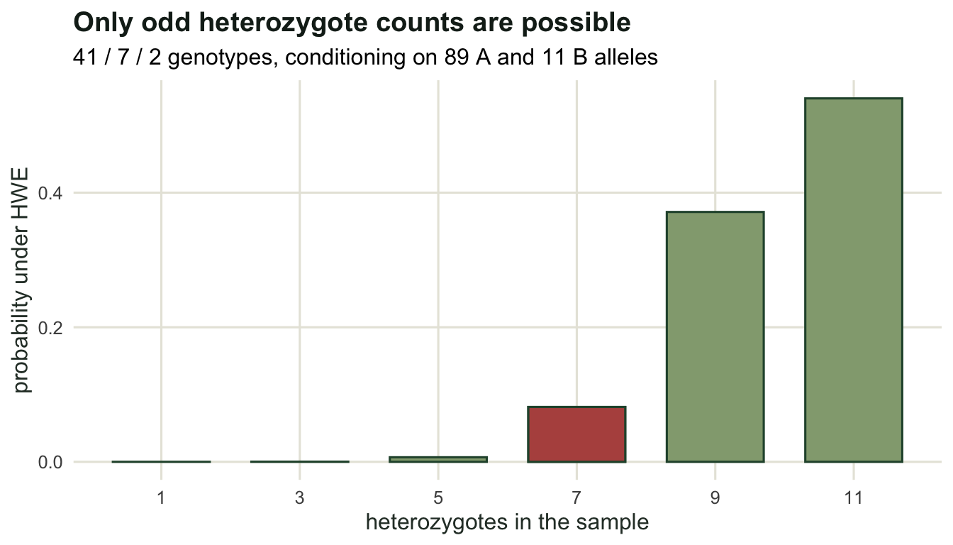 Bar chart of probabilities for odd heterozygote counts from 1 to 11, peaking near 9 and 11, with a red marker on the bar at 7.