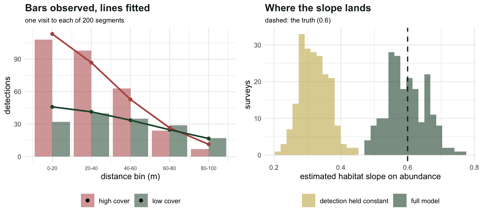 Left panel shows observed and fitted distance bin counts for low and high covariate sites, with the high sites having a steeper decline. Right panel shows two histograms of the estimated habitat slope, the full model centred on 0.6 and the naive model centred near 0.32.