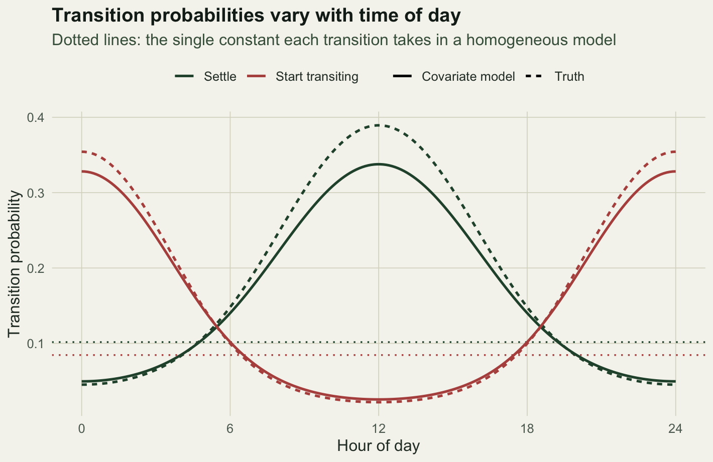 Two transition-probability curves across 24 hours. The probability of starting to transit rises to a midday peak; the probability of settling falls to a midday trough. Dotted horizontal lines mark the single constant each takes in a homogeneous model.