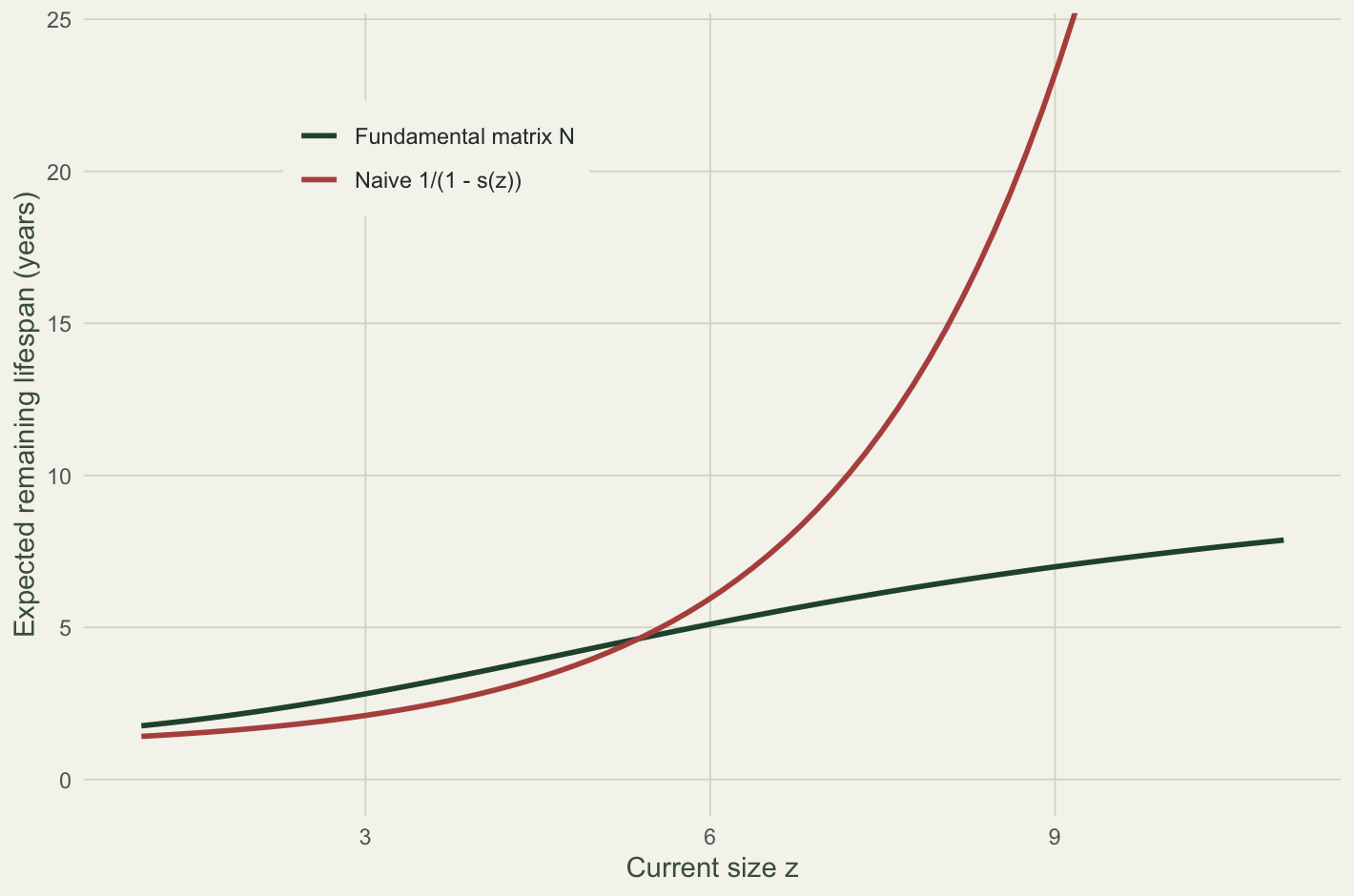 Two lines of expected remaining lifespan against size; the naive line runs away upward at large sizes while the fundamental-matrix line stays moderate.