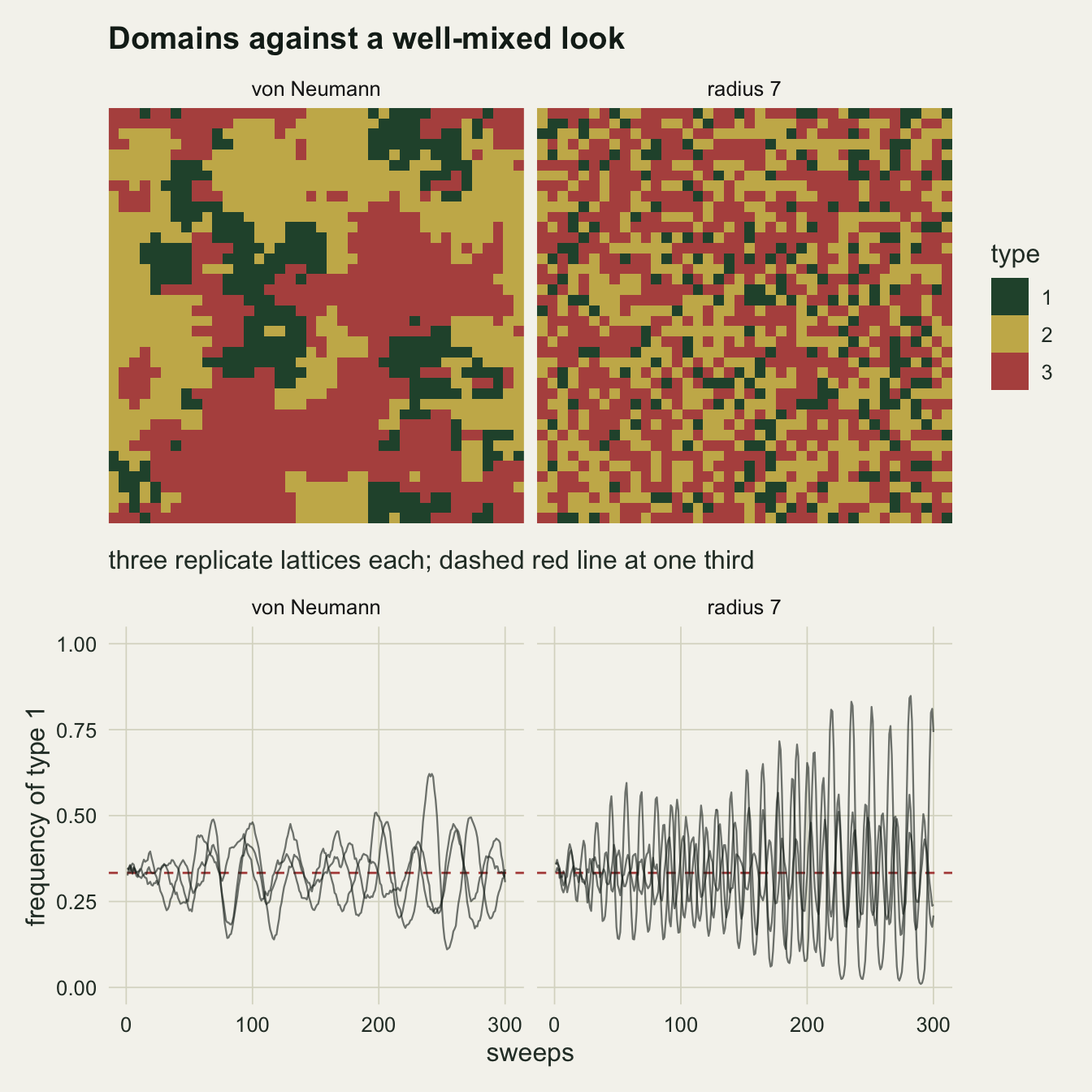 Four panels on warm off-white paper. Top left, a 40 by 40 lattice for the von Neumann neighbourhood is a patchwork of solid green, gold and red domains, many several sites across, with ragged boundaries. Top right, the radius 7 lattice is a fine speckle of the three colours with no large domains. Bottom left, three grey lines of the type 1 frequency over 300 sweeps for the von Neumann lattice wander around a dashed red line at one third, mostly between about 0.15 and 0.5 with one excursion above 0.6. Bottom right, the three radius 7 lines oscillate rapidly around one third with an amplitude that grows from almost nothing to swings between near zero and about 0.85 by 300 sweeps.