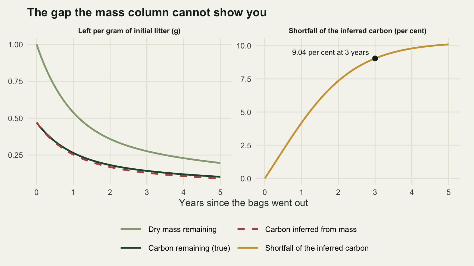 Two panels side by side against time in years from zero to five. The left panel has three falling curves: dry mass remaining in pale sage from one down to below a fifth, and two lower curves both starting near 0.47, the true carbon remaining as a solid dark green line and the carbon inferred from mass as a dashed clay red line lying on it, the dashes showing through rather than a separate curve. The right panel has a single gold curve rising steeply from zero in the first year and then more slowly, reaching about ten per cent by year five, with a marked point at three years carrying its value as a label.