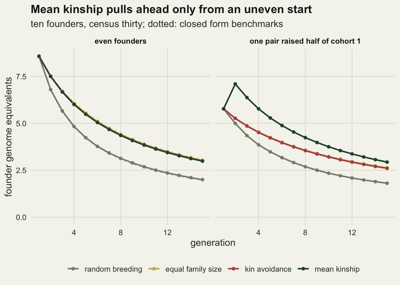 Two panels of declining lines with round points on warm off-white paper, founder genome equivalents from 0 to about 8.5 against generation 1 to 15. Left panel, even founders: all lines start at about 8.6; a grey random breeding line drops fastest to about 2 at generation fifteen, while the gold equal family size, red kin avoidance and dark green mean kinship lines lie almost on top of one another and fall to about 3. Right panel, one pair raised half of cohort 1: all lines start at about 5.8; the dark green mean kinship line jumps to about 7.1 at generation two and then falls to about 2.9, staying above the overlapping gold and red lines, which fall to about 2.6, and the grey line, which falls to about 1.8. The dotted benchmark lines are hidden under the grey and gold lines.