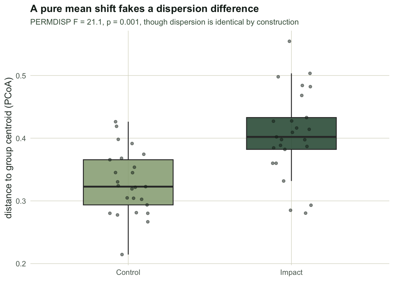 Boxplots of distance to group centroid for Control and Impact; the Impact group sits clearly higher, so a pure mean shift shows up as greater multivariate dispersion on Bray-Curtis.