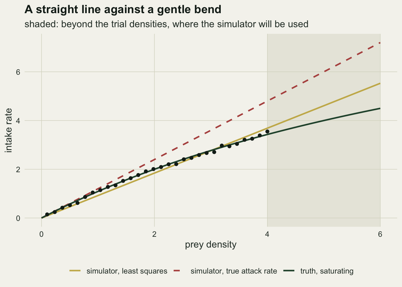 A line chart of intake rate against prey density from 0 to 6 on warm off-white paper, with the region beyond density 4 shaded grey. Thirty dark points from density 0.1 to 4 follow a dark green saturating curve that reaches about 3.4 at density 4 and 4.5 at density 6. A gold straight least-squares line runs through the points, slightly below them in the middle and above the green curve beyond 4, ending near 5.5 at density 6. A dashed red straight line for the true attack rate rises more steeply, reaching about 4.8 at density 4 and 7.2 at density 6.