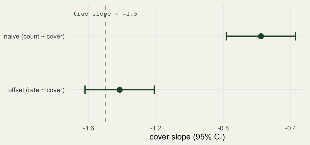 Coefficient plot; naive slope interval sits near minus zero point six, offset slope interval near minus one point four, dashed line marks the true value minus one point five.