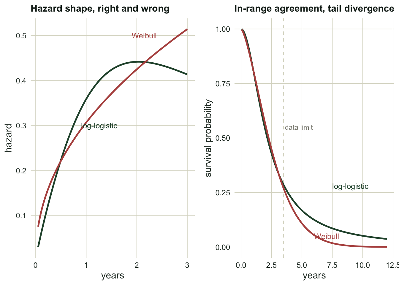 Left panel, a rising-then-falling log-logistic hazard against a monotonically rising Weibull hazard. Right panel, two survival curves nearly identical up to the data limit then separating, the log-logistic staying higher in the tail.