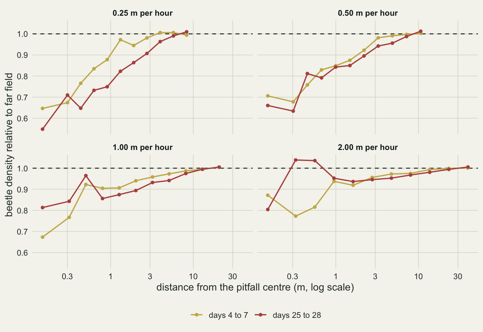 Four panels on warm off-white paper, one for each step length of a quarter, a half, one and two metres per hour, each plotting beetle density relative to the far field against distance from the pitfall centre on a log scale, with a dashed horizontal line at one. A gold line for days four to seven and a red line for days twenty-five to twenty-eight climb from left to right towards the dashed line. In the two slow panels both lines start between a half and three quarters near the cup and reach one at four to ten metres, and in the slowest panel the red line sits clearly below the gold one between one and five metres. In the two fast panels the lines start between two thirds and nine tenths, jump up and down at the smallest distances, then lie between about 0.87 and 0.97 from one to five metres and meet one at tens of metres.