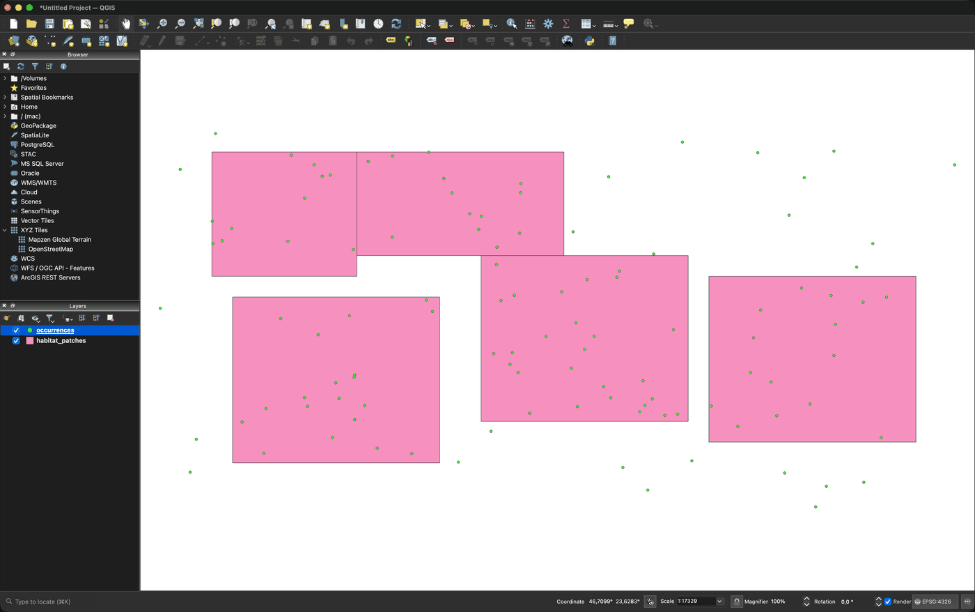 The QGIS canvas showing occurrence points over five habitat polygons. Several points fall outside any polygon.